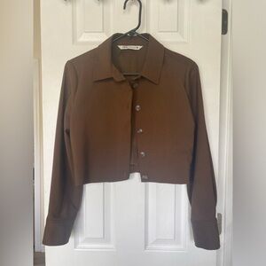 Zara Brown Tailored Cropped Button-Up Shirt Small